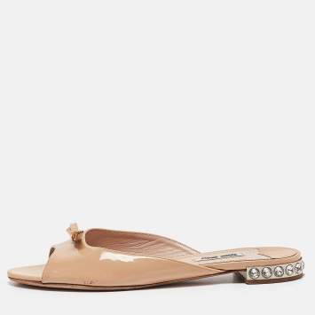 Pre Owned Miu Miu Beige Patent Leather Crystal Embellished Flat Slides Size 38.5
