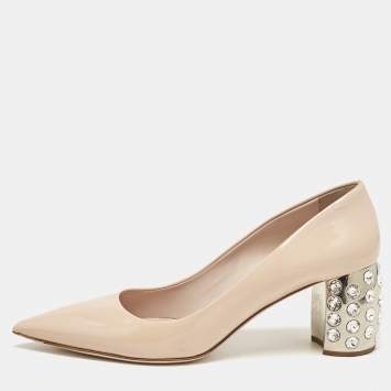 Pre Owned Miu Miu Pink Patent Leather Crystal Embellished Block Heel Pumps Size 41