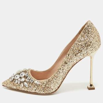 Pre Owned Miu Miu Gold Glitter Crystal Embellished Pointed Toe Pumps  Size 38