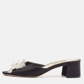 Pre Owned Miu Miu Black Satin Embellished Slide Sandals Size 38.5