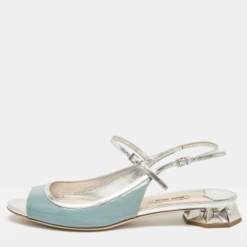 Pre Owned Miu Miu Grey/Blue Leather and Patent Leather Flat Sandals Size 37.5