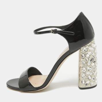 Pre Owned Miu Miu Black Patent Leather Crystal Embellished Ankle Strap Sandals Size 37