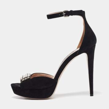 Pre Owned Miu Miu Black Suede Crystal Embellished Ankle Strap Sandals Size 38
