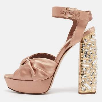 Pre Owned Miu Miu Beige Satin Crystal Embellished Ankle Strap Sandals 40