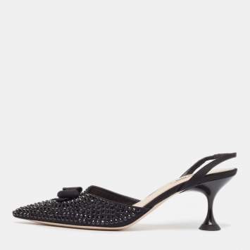 Pre Owned Miu Miu Black Crystal Embellished Fabric Bow Slingback Pumps Size 39.5