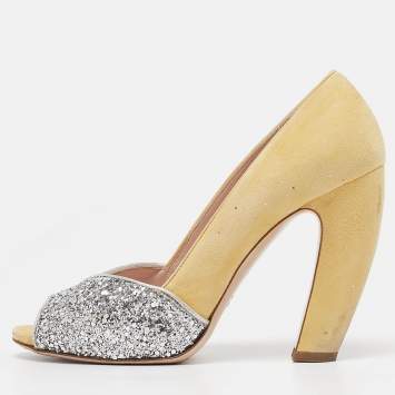 Pre Owned Miu Miu Yellow Glitter and Suede Block Heel Pumps Size 38.5