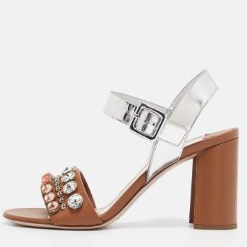 Pre Owned Miu Miu Brown/Sliver Leather Crystal Embellished Ankle Strap Sandals Size 38