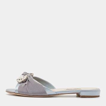 Pre Owned Miu Miu Light Blue Satin and Canvas Crystals Embellished Knot Slide Flats Size 38