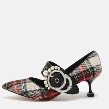 Pre Owned Miu Miu Multicolor Fabric and Leather Embellished Mary Jane Pumps Size 38