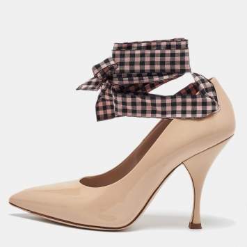 Pre Owned Miu Miu Beige Patent Leather Ankle Wrap Pointed Toe Pumps Size 36