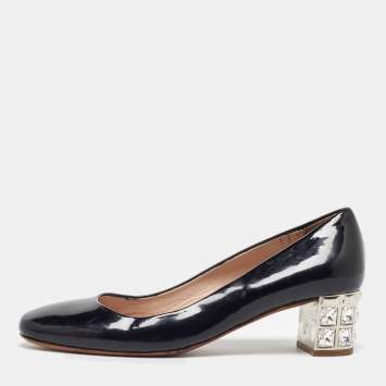 Pre Owned Miu Miu Black Patent Leather Crystal Embellished Block Heel Pumps Size 37