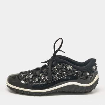 Pre Owned Miu Miu Black Fabric and Patent Lace Up Sneakers Size 38.5