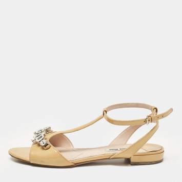 Pre Owned Miu Miu Beige Patent Leather Ankle Strap Sandals Size 37.5