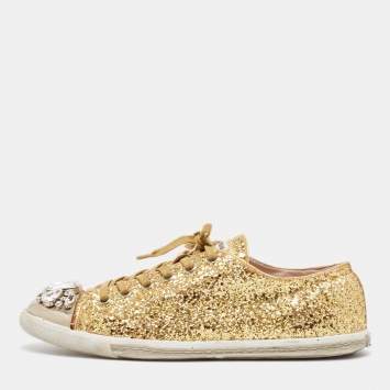 Pre Owned Miu Miu Gold Glitter and Leather Low Top Sneakers Size 39