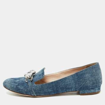 Pre Owned Miu Miu Blue Denim Crystal Embellished Smoking Slippers Size 38
