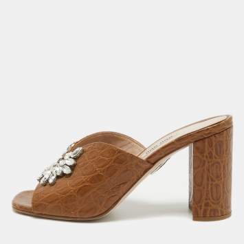 Pre Owned Miu Miu Brown Embossed Croc Crystal Embellished Slide Sandals Size 37