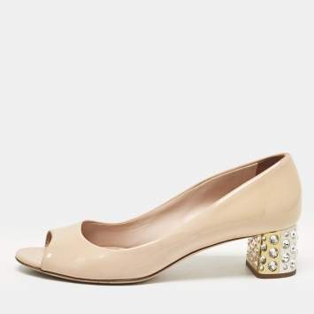 Pre Owned Miu Miu Beige Patent Leather Peep Toe Pumps Size 39.5
