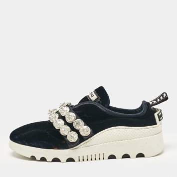 Pre Owned Miu Miu Navy Blue Velvet Crystal Embellished Slip On Sneakers Size 35.5