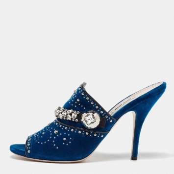 Pre Owned Miu Miu Blue Velvet Studded and Crystal Embellished Mules Size 41