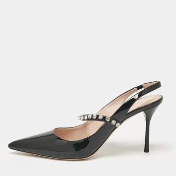 Pre Owned Miu Miu Black Patent Leather Crystal Embellished Pointed Toe Slingback Pumps Size 37.5