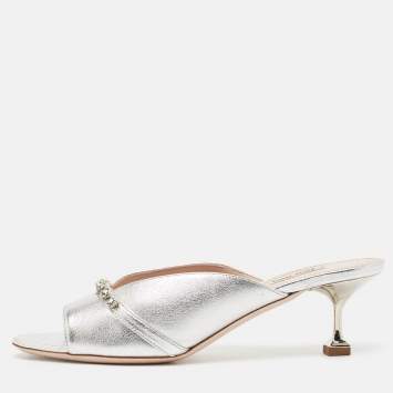 Pre Owned Miu Miu Silver Leather Crystal Embellished Slide Sandals Size 40