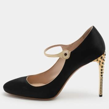 Pre Owned Miu Miu Black/Gold Satin and Leather Mary Jane Pumps Size 40