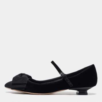 Pre Owned Miu Miu Black Velvet and Fabric Bow Mary Jane Ballet Flats Size 40
