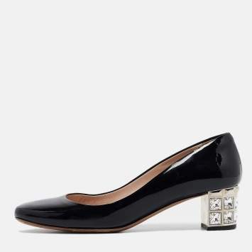 Pre Owned Miu Miu Black Patent Leather Crystal Embellished Block Heel Pumps Size 37