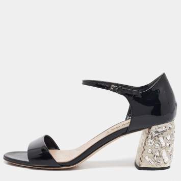 Pre Owned Miu Miu Black Patent Leather Crystal Embellished Ankle Strap Sandals Size 40