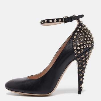 Pre Owned Miu Miu Black Leather Studded Ankle Strap Pumps Size 40