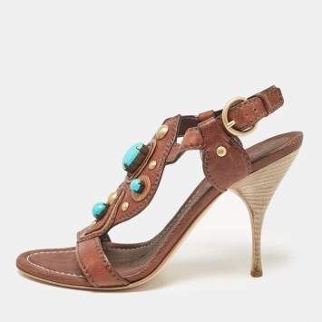 Pre Owned Miu Miu Brown Leather Studded Ankle Strap Sandals Size 38