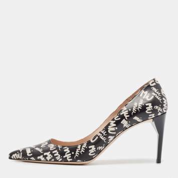 Pre Owned Miu Miu Black/White Leather Logo Print Pumps Size 39.5