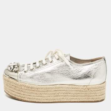 Pre Owned Miu Miu Silver Leather Crystal Embellished Platform Espadrille Flats Size 40