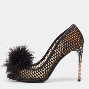 Pre Owned Miu Miu Black Feather and Leather Peep Toe Pumps Size 36.5