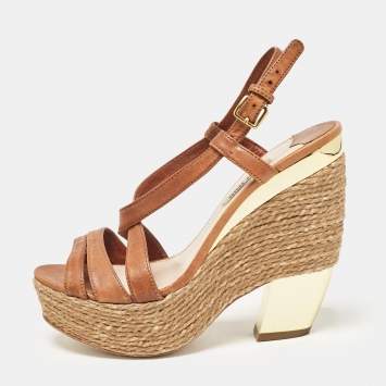 Pre Owned Miu Miu Brown Leather Wedge Sandals Size 37.5
