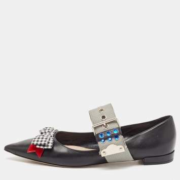 Pre Owned Miu Miu Black Leather Bow Buckle Ballet Flats Size 42