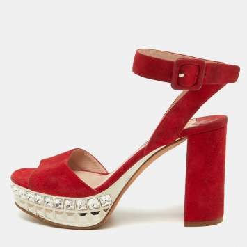 Pre Owned Miu Miu Red Suede Crystal Embellished Platform Ankle Strap Sandals Size 37.5