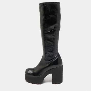 Pre Owned Miu Miu Black Patent Leather Block Heel Platform Knee Length Boots Size 39.5
