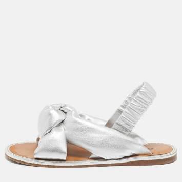 Pre Owned Miu Miu Silver Leather Knotted Flat Slingback Sandals Size 40.5