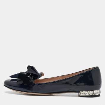 Pre Owned Miu Miu Navy Blue Patent Leather Bow Crystals Embellished Smoking Slippers Size 36