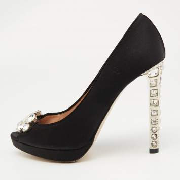 Pre Owned Miu Miu Black Satin Crystal Embellished Peep Toe Platform Pumps Size 37