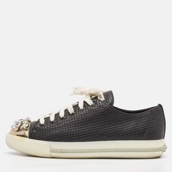 Pre Owned Miu Miu Black Leather Crystal Embellished Cap Toe Low Top Sneakers Size 37.5