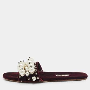 Pre Owned Miu Miu Burgundy Velvet Pearl Embellished Flat Slides Size 38