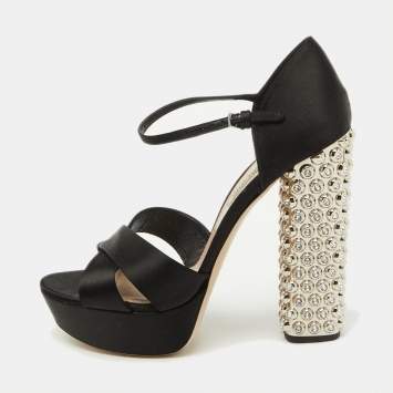 Pre Owned Miu Miu Black Satin T-Strap Crystal Embellished Heel Platform Sandals Size 39