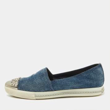 Miu Miu Blue Denim Crystal Embellished Cap Toe Slip On Sneakers Size 37