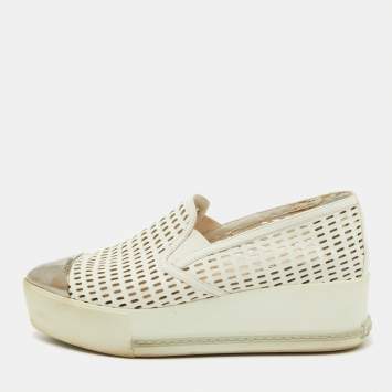 Pre Owned Miu Miu White Perforated Leather Metal Cap Toe Slip On Sneakers Size 37.5