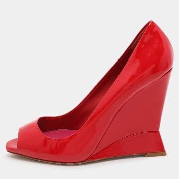 Pre Owned Miu Miu Red Patent Leather Wedge Pumps Size 38.5