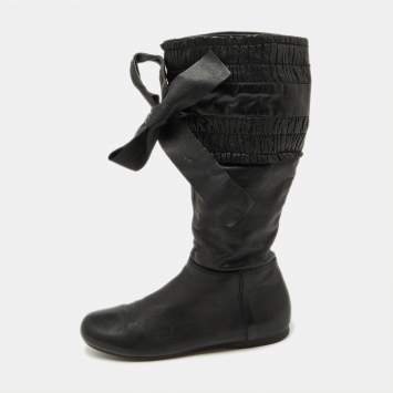 Miu Miu Black Leather Gathered Bow Calf Length Boots Size 37
