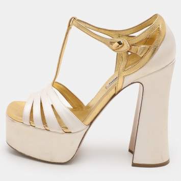 Pre Owned Miu Miu White/Gold Leather and Satin Platform Sandals Size 36