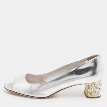Pre Owned Miu Miu Silver Leather Crystal Embellished Block Heel Peep Toe Pumps Size 38.5